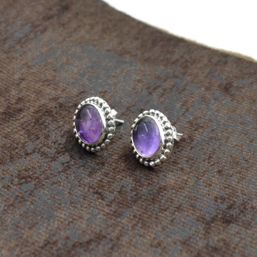 Silvesto India 925 Sterling Silver Natural Purple Amethyst Oval Shape Gemstone Post Stud Earring For Women Size: 1.5 Cm
