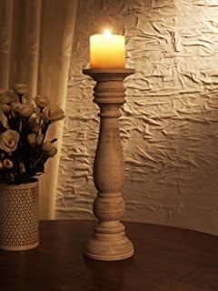 Brown Tall Floor Wooden Pillar Candle Holder For Home Decor Fireplace Table Top Accessories - 16 Inches