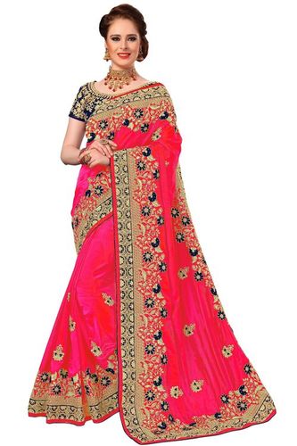 Silk Embroidered Work Saree - Floral Design Wide Embroidery Border, Stone Work with Embellished Dupion Silk Blouse Piece | Ideal for Festive, Party & Wedding Occasions