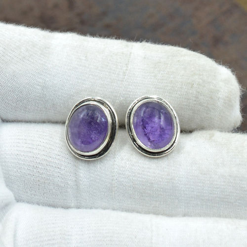 Silvesto India 925 Sterling Silver Natural Amethyst Oval Shape Gemstone Stud Earring For Women Size: 1.5 Cm