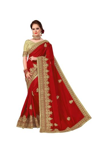 Silk Saree - 5.50 m Length, Unstitched Dupion Silk Blouse Piece, Embroidered Resam Work with Wide Ethnic Border and Stone Accents