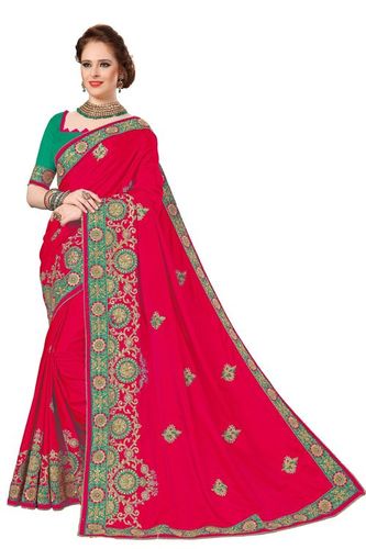 Silk Embroidered Work Saree - 5.50 Mts Floral Design with Wide Embroidery Border, Stone Work and Dupion Silk Blouse Piece, Perfect for Festive, Party & Wedding Occasions