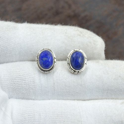 Silvesto India 925 Sterling Silver Natural Lapis Lazuli Oval Shape Gemstone Stud Earring For Women Size: 1.2 Cm