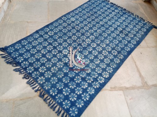 Blue Vegetable Printed Cotton Hand Made Rug