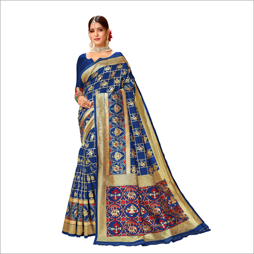 Ladies Blue Printed Banarasi Saree