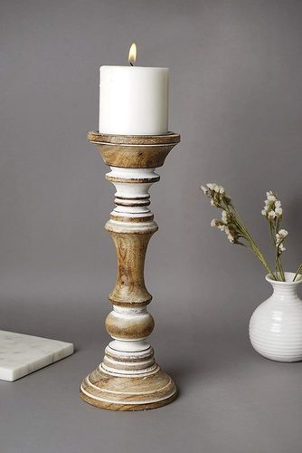Natural Brown Wooden Candle Stand Holder For Home Decor (White)