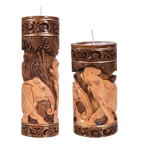 Wood Brown Colour Wooden Animal Carving Candle Holder