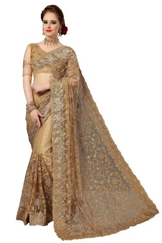 Pink Ethnic Design Net Heavy Embroidery Work Saree