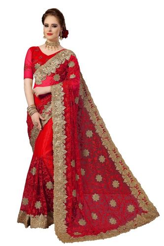 Pink Ethnic Design Net Heavy Embroidery Work Saree