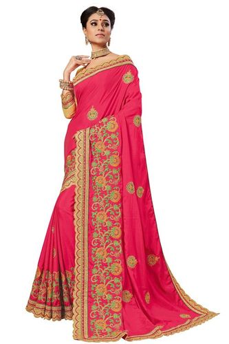 Silk Embroidery Floral Design Stone Work Saree - 5.50 Mtr Length, Pink and Orange with Unstitched Dupion Silk Blouse Piece, Ideal for Festive Occasions