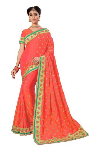 Pink Silk Floral Design Wide Embroidery, Stone Work Saree