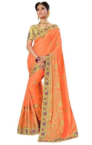 Pink Silk Ethnic Design Wide Embroidery Border Work Saree