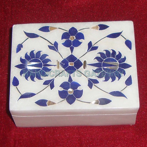 White Decorative Marble With Lapis Lazuli Stone Flower Inlay Design Jewelry Boxes