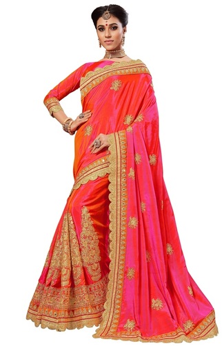 Pink Silk Heavy Embroidery Stone Work Saree