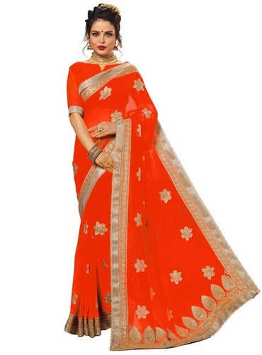 Orange Silk Embroidery Stone Work Saree