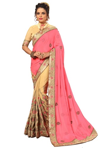 Satin Chiffon Half & Half Saree - 5.50 Meters Length, Blue-Peach-Pink Colors | Heavy Embroidery Mirror Work, Dupion Silk Unstitched Blouse Piece