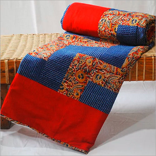 Printed Kalamkari And Indigo Cotton Double Bed Quilt