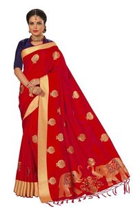 Silk Saree - 5.50 Mtr With Unstitched Dupion Blouse Piece, Embroidered Jacquard Border Design In Red, Orange, Pink, Blue, And Turquoise Colors