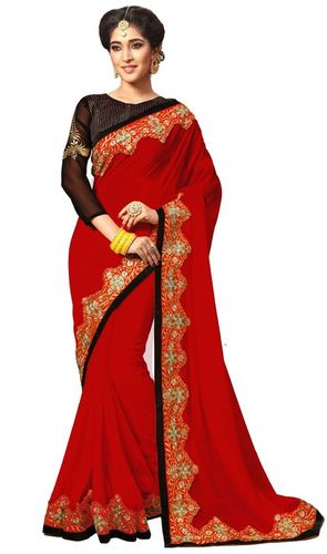Georgette Saree - Resam Embroidery Border Work, 5.50 Mtr Length with Unstitched Dupion Silk Blouse Piece, Elegant Festive Wear in Green, Pink, Red and Yellow