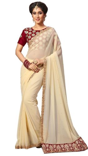 Beige Georgette Mirror Embroidery Border Work Saree