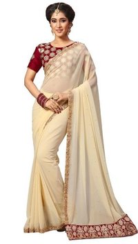 Beige Georgette Mirror Embroidery Border Work Saree