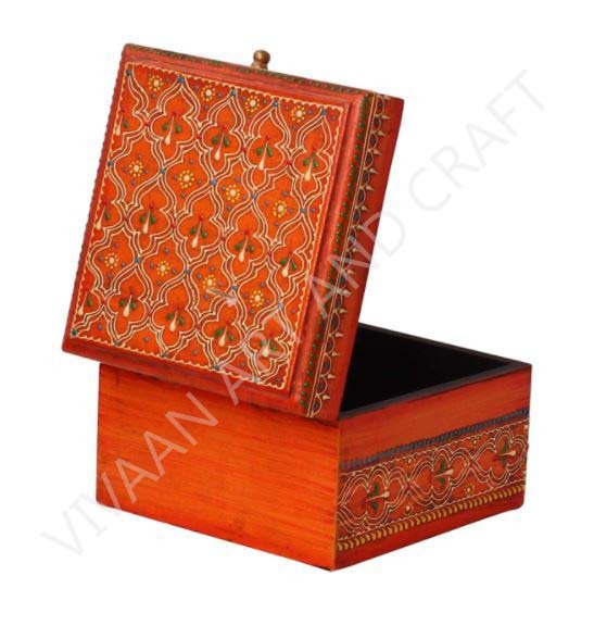 Wooden Handicraft Small Jewelry Box Hand Made Orange Square Shape