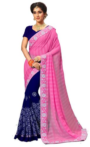 Turquoise Satin Embroidery Border Work Saree