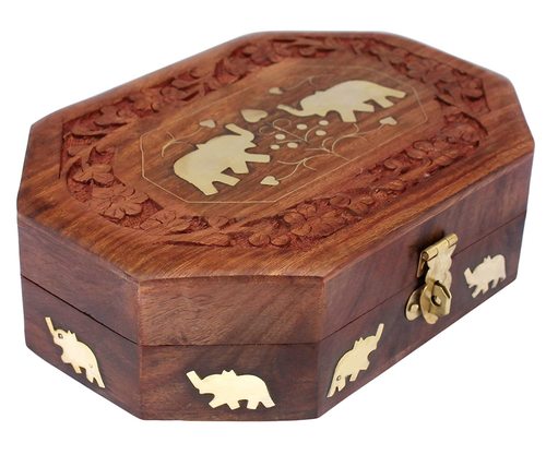 Brown Wooden Jewellery Box Octagonal Handcrafted Elephant Brass Inlay & Wood Carvings