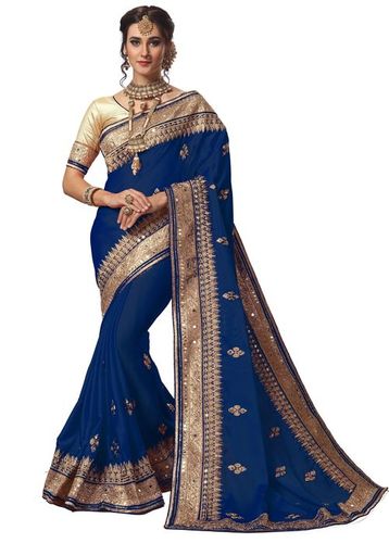 Blue Satin Heavy Mirror Embroidery Work Saree