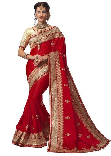 Heavy beads and mirror embroidery work Saree with unstitched