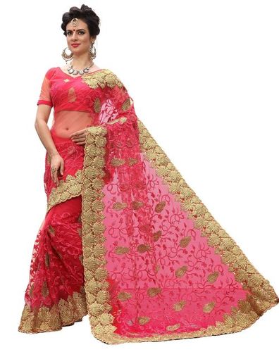 Beige Net Floral Design Heavy Embroidered Stone Work Saree