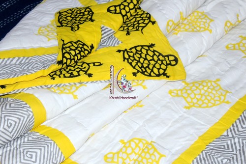 Cotton Quilt Hand Block Printed Jaipuri Razai Natural Bedspread