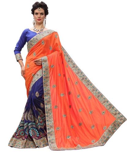 Orange Silk Multicolor Heavy Embroidered Stone Work Saree