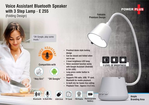 White Voice Assistant Bluetooth Speaker With 3 Step Lamp (Folding Design)