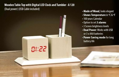 Brown Wooden Tabletop With Digital Led Clock