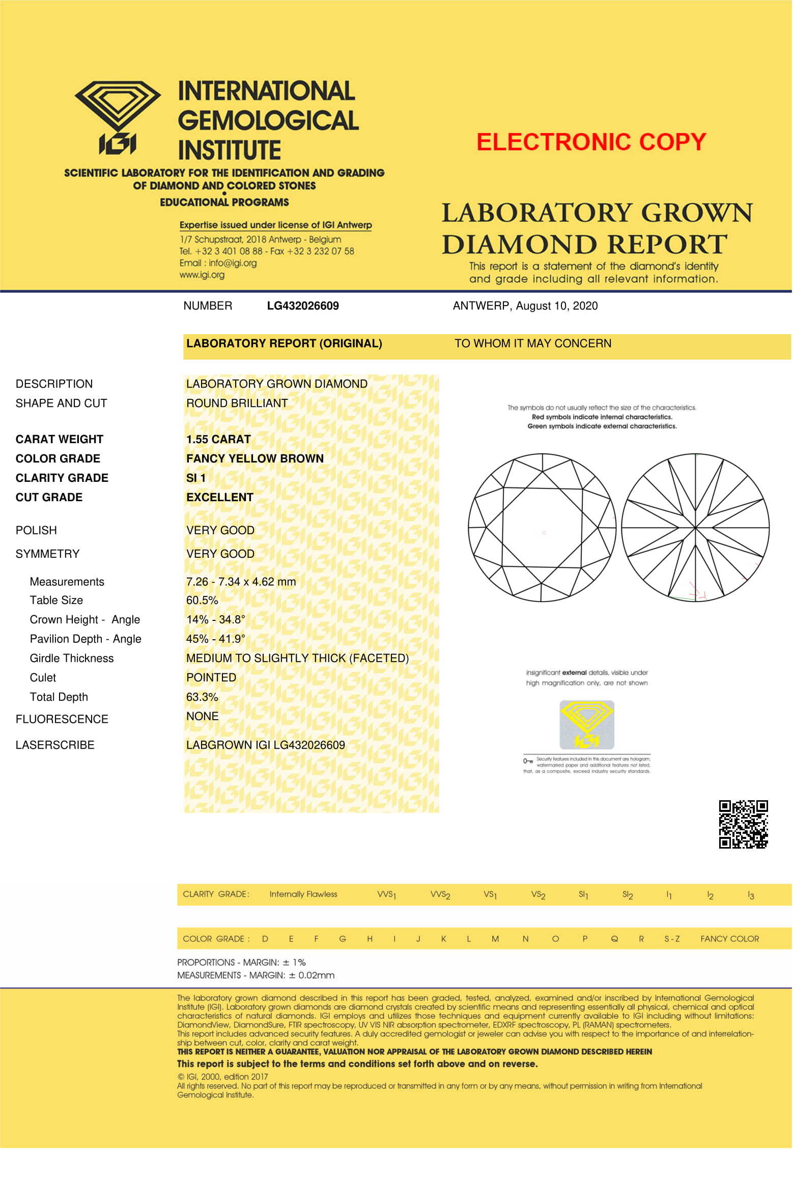 1.55ct Lab Grown Diamond Cvd Yellow Brown Si1 Round Brilliant Cut Igi Crtified