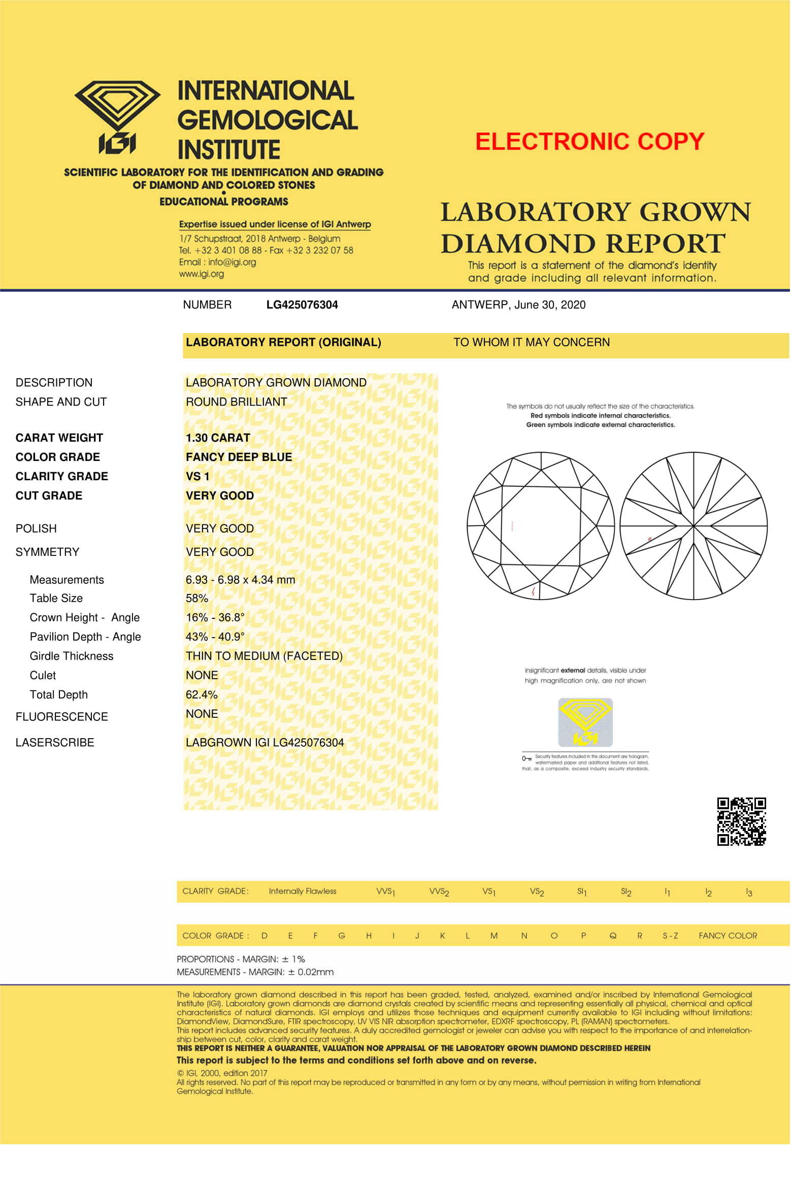 Blue Color 1.30ct Lab Grown Diamond CVD VS1 Round Brilliant Cut IGI Crtified