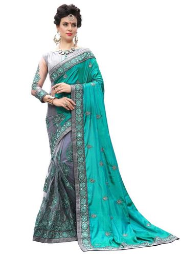 Orange Silk & Net Ethnic Design Embroidered Mirror Work Saree