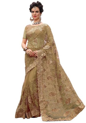 Beige Net Heavy Embroidery Stone Work Saree