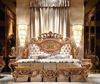 Handmade Wooden Carved Bed - Premium Teak With Customizable Finish | Eco-friendly, Jacquard Fabric Upholstery, European Style Design, Perfect For Bedroom Decor