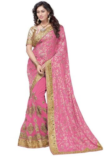 Heavy Embroidered Mirror Work Half & Half Saree - Brasso & Net Fabric, 5.50 mt Length, Unstitched Brocade Blouse Piece, Ideal for Festive Occasions, Available in Green, Pink, Peach & Turquoise