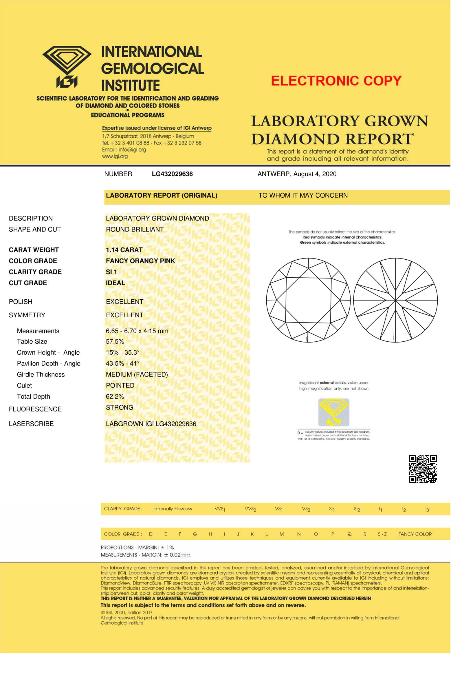1.14ct Lab Grown Diamond CVD Pink SI1 Round Brilliant Cut IGI Crtified