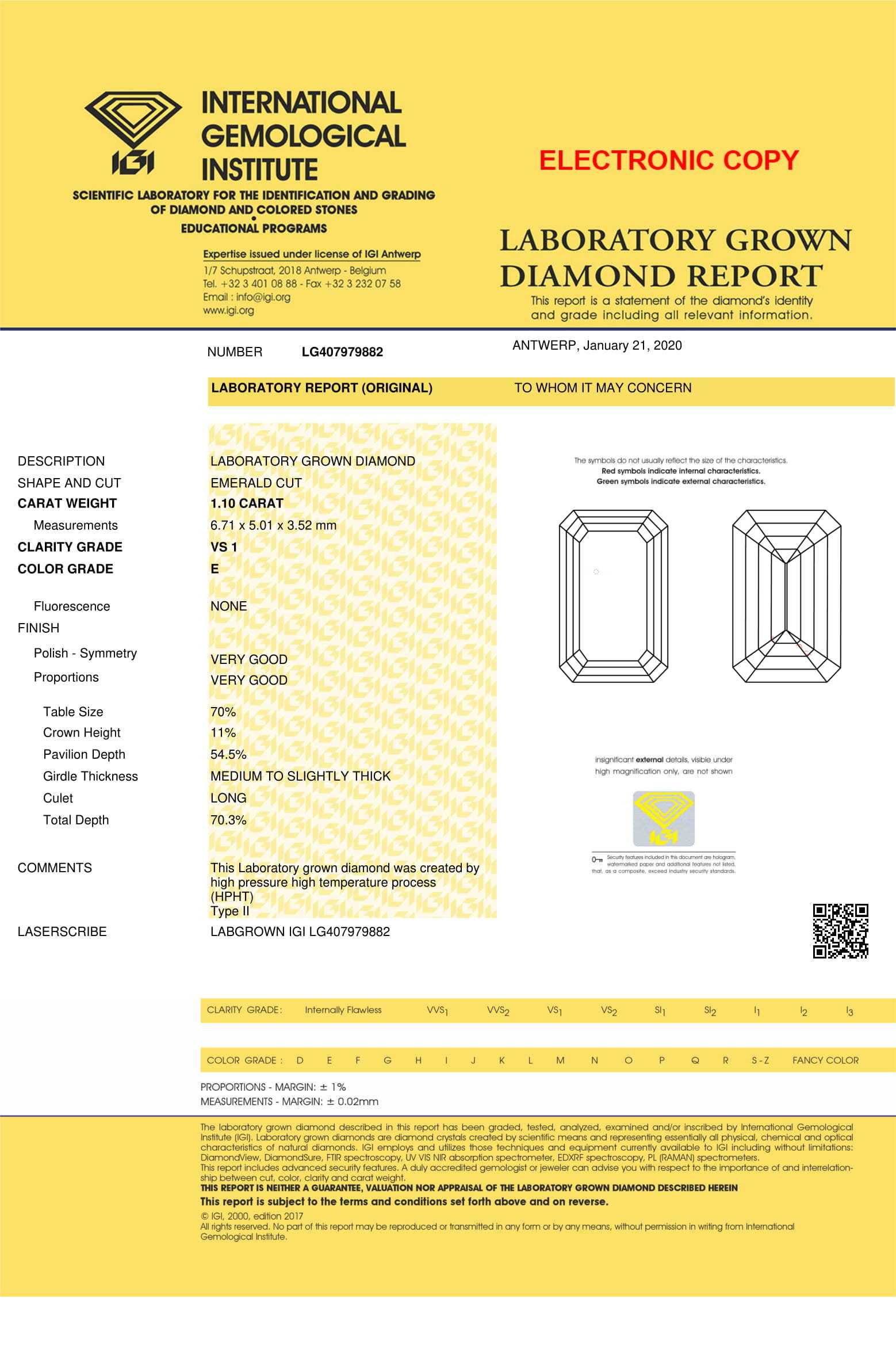 Emerald Cut 1.10ct Lab Grown Diamond CVD E VS1 IGI Crtified Stone