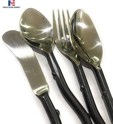 Silverware Cutlery Set Stainless Steel Flatware with Wood Stem Design Handle Include Fork Spoon Knife For Kitchen Accessories, Viking Cutlery, Medieval Cutlery By Nautical Mart Inc.