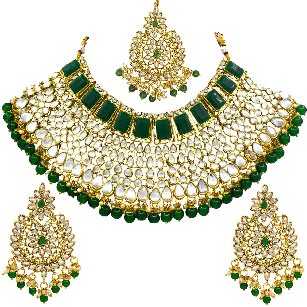 Kundan Green choker Half Bridal Gold Plated Necklace Set