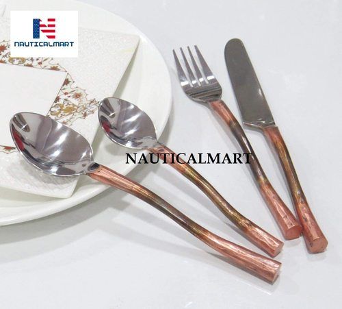 Silver Stainless Steel Flatware Set, Copper Antique Touch Design Handle Cultlery Set Include Fork Spoon Knife Utensils For Daily Use And Party, Cutlery Set Service For 4, Safe In Dishwasher