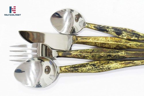Silver Stainless Steel Flatware Silverware Set, Spoon, Fork, Knife Stainless Steel Rustic Brass Dinnerware Set Kitchen Restaurant,Hotel