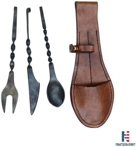 Silver Medieval Cutlery Set With Wearable Leather Pouch