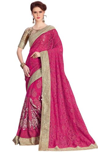 Beige Net Heavy Stone Embroidery Work Saree