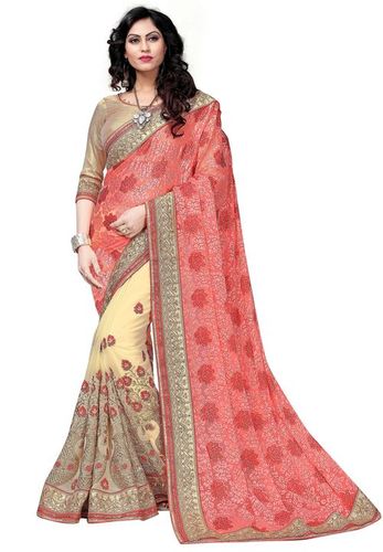 Peach Brasso & Georgette Embroidery Work Saree